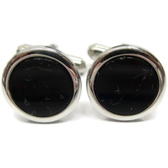 Silver Tone Black Round Cufflinks Wedding Tux Vintage - Picture 8 of 9